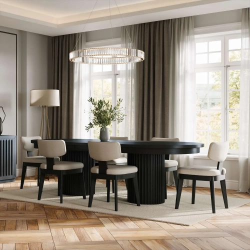 Auden 7 Piece Double Pedestal Dining Set in Black Wood & Gray Fabric